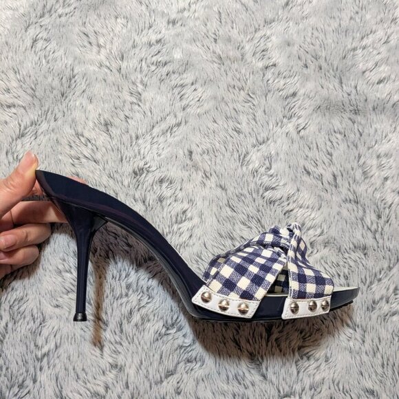 Dolce & Gabbana Heels Stiletto Mules Slip On Peep Toe Blue Gingham Size 38 - Picture 3 of 11